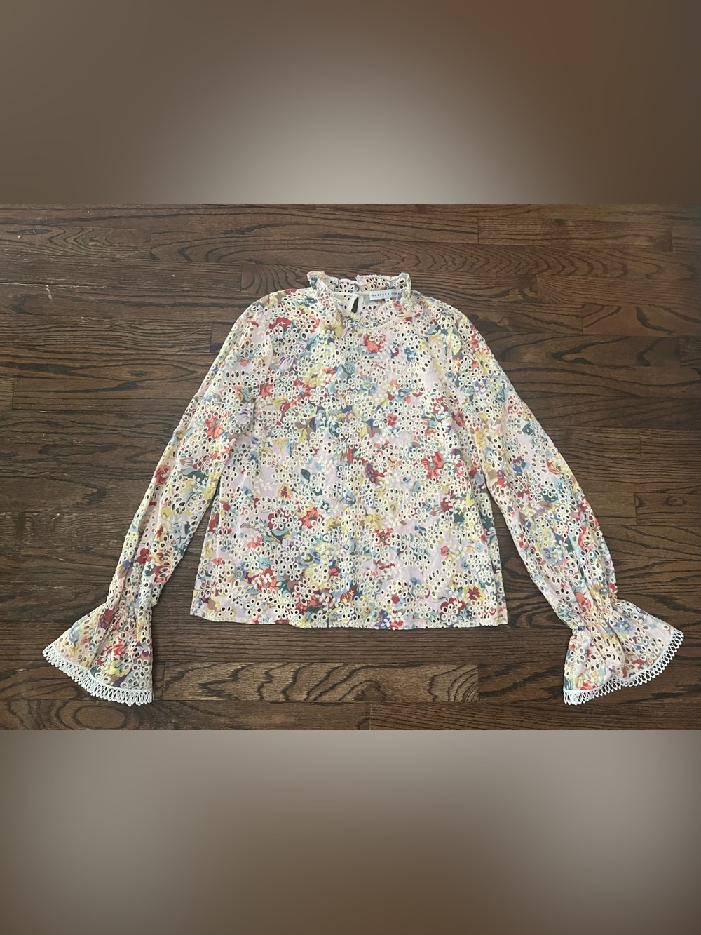 Anthropologie Endless Rose Floral Eyelet Blouse - White with Pink, Blue, Yellow